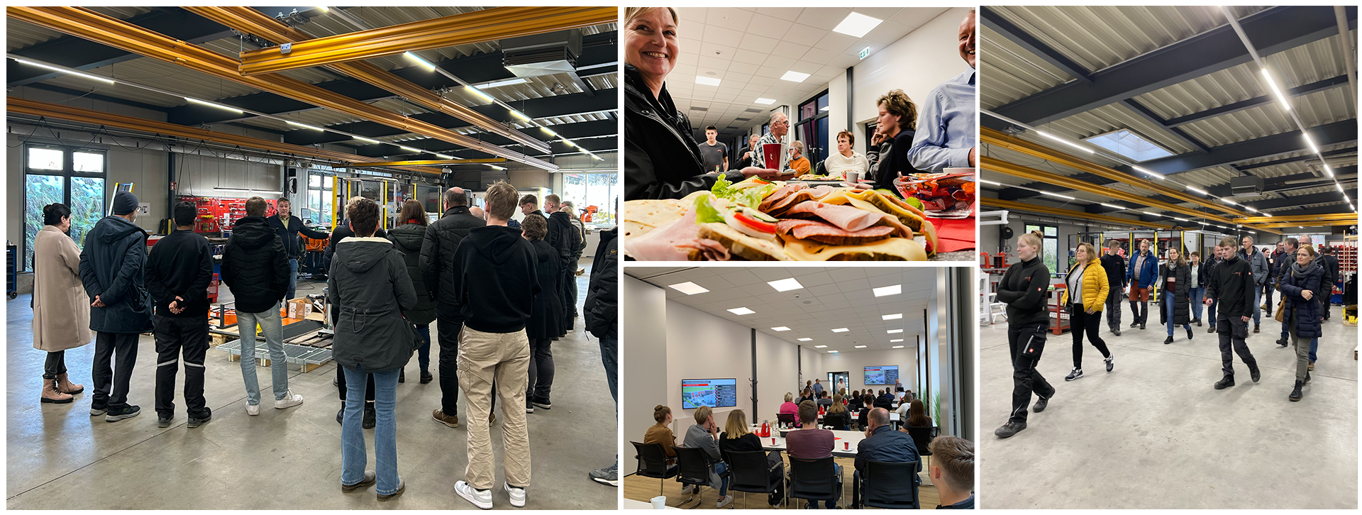 Besuchergruppe in Industriehalle sowie Meeting und Verpflegung zeigen Einblicke in Unternehmen und Arbeitsalltag.