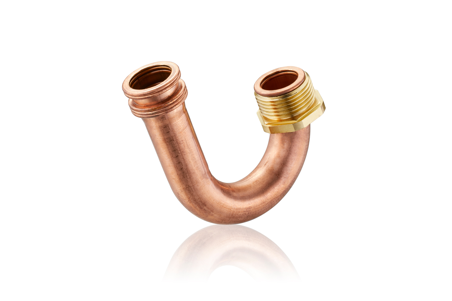 Gebogenes Kupferrohr mit Gewindeanschluss für HVAC-Systeme gefertigt durch CNC-Rohrbiegetechnologie von transfluid.