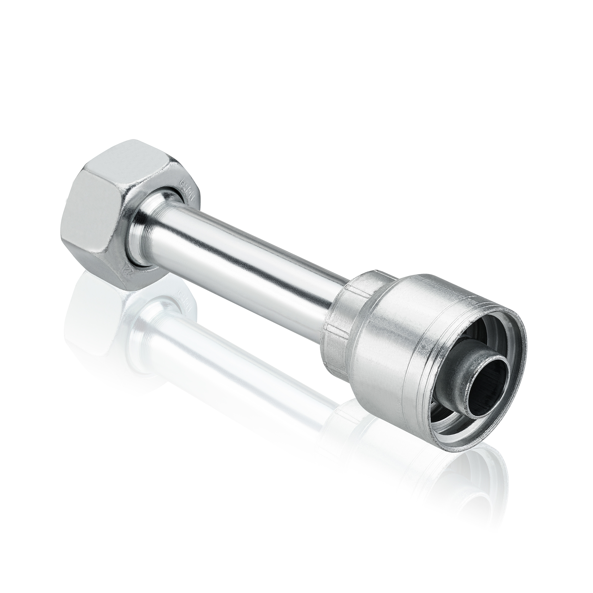 Gerades Edelstahl-Hydraulikrohr mit Verschraubung und Anschlussstück.