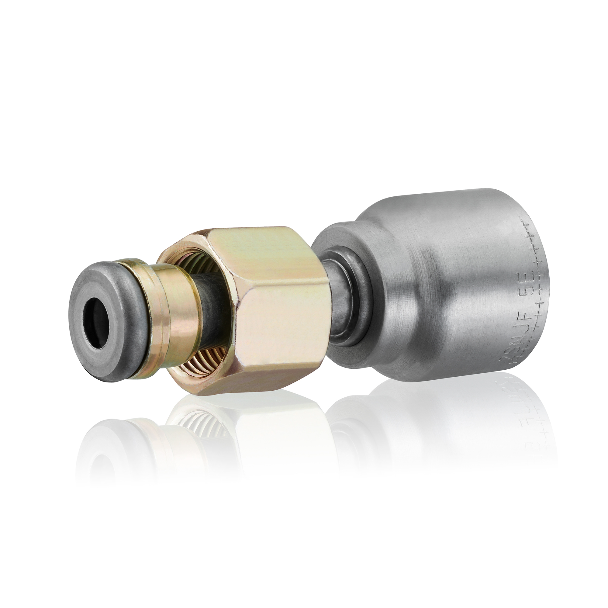 Hydraulikverschraubung mit Überwurfmutter, Presshülse und Stecknippel.