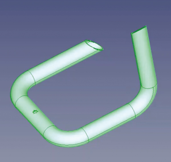 3D-Modell eines gebogenen Metallrohrs in Software zur Planung und Simulation der Rohrbearbeitung.