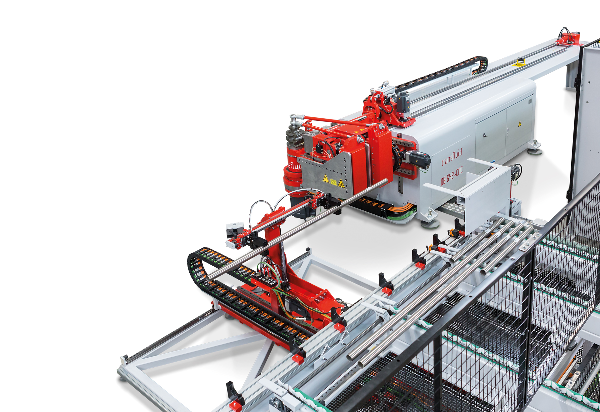 Automatisierte CNC-Rohrbiegemaschine t bend PROLINE 42 von transfluid mit Materialzuführung für präzises industrielles Biegen von Metallrohren.