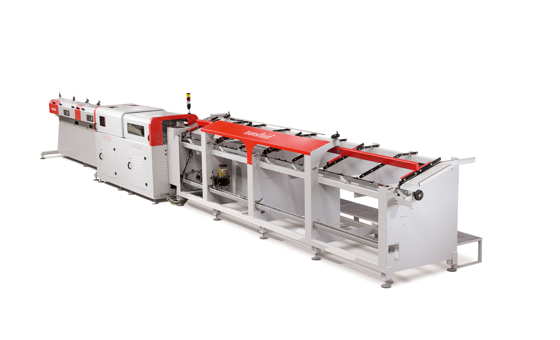 Automatisierte transfluid t cut ROTOLINE Rohrtrennanlage mit Zuführsystem für präzises, spanloses Orbitaltrennen von Metallrohren in der Serienfertigung.