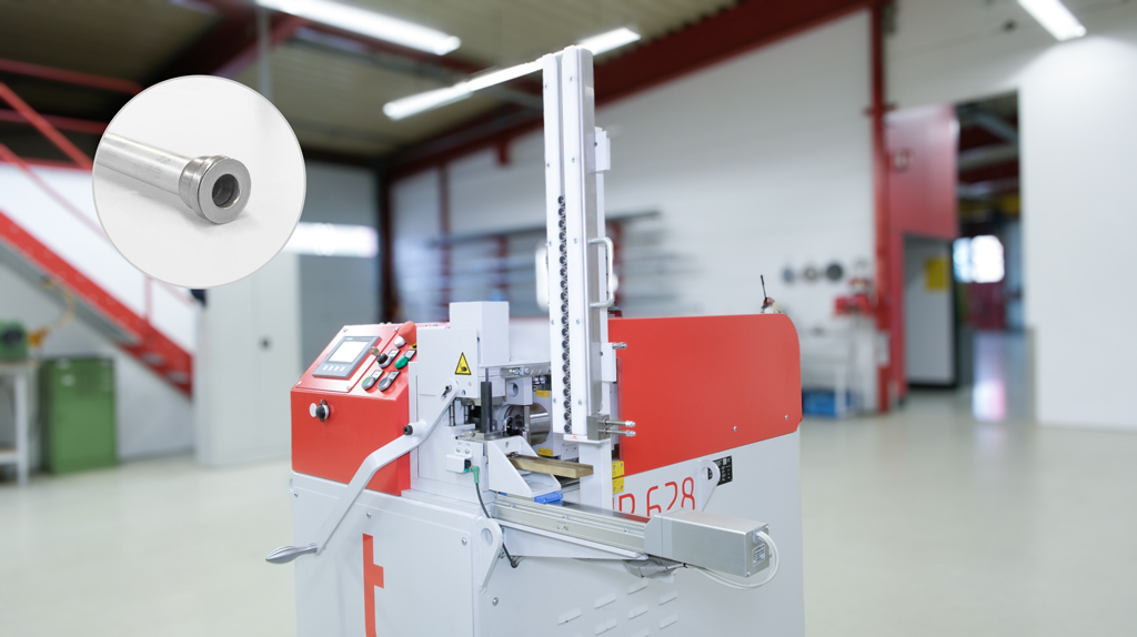 t form FLARELINE 28 Rohrumformmaschine mit automatischer Ringzuführung und Beispiel eines geformten ORFS-Rohrendes.